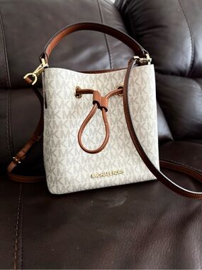 Michael Kors Cream Logo Drawstring Crossbody with Brown Trim
